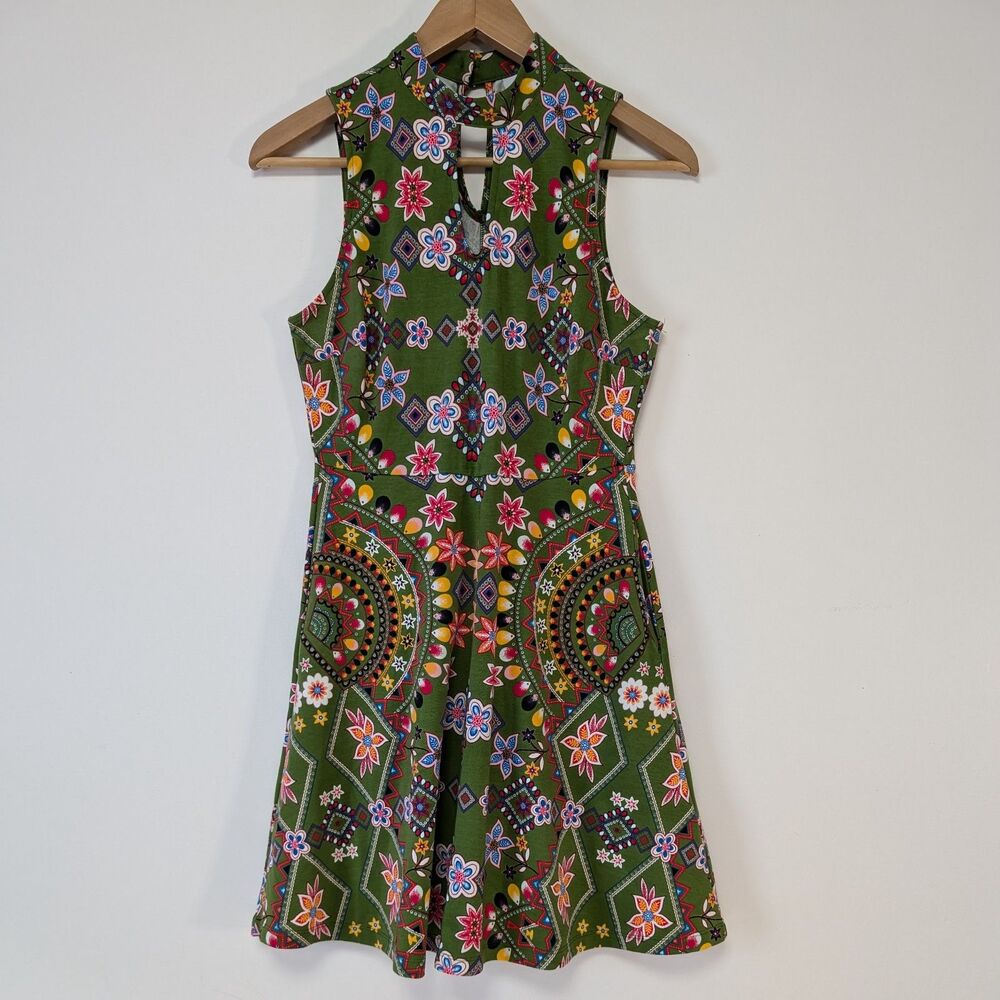 New York & Company Geometric Floral Pattern Sleeveless Mini Skater Dress
